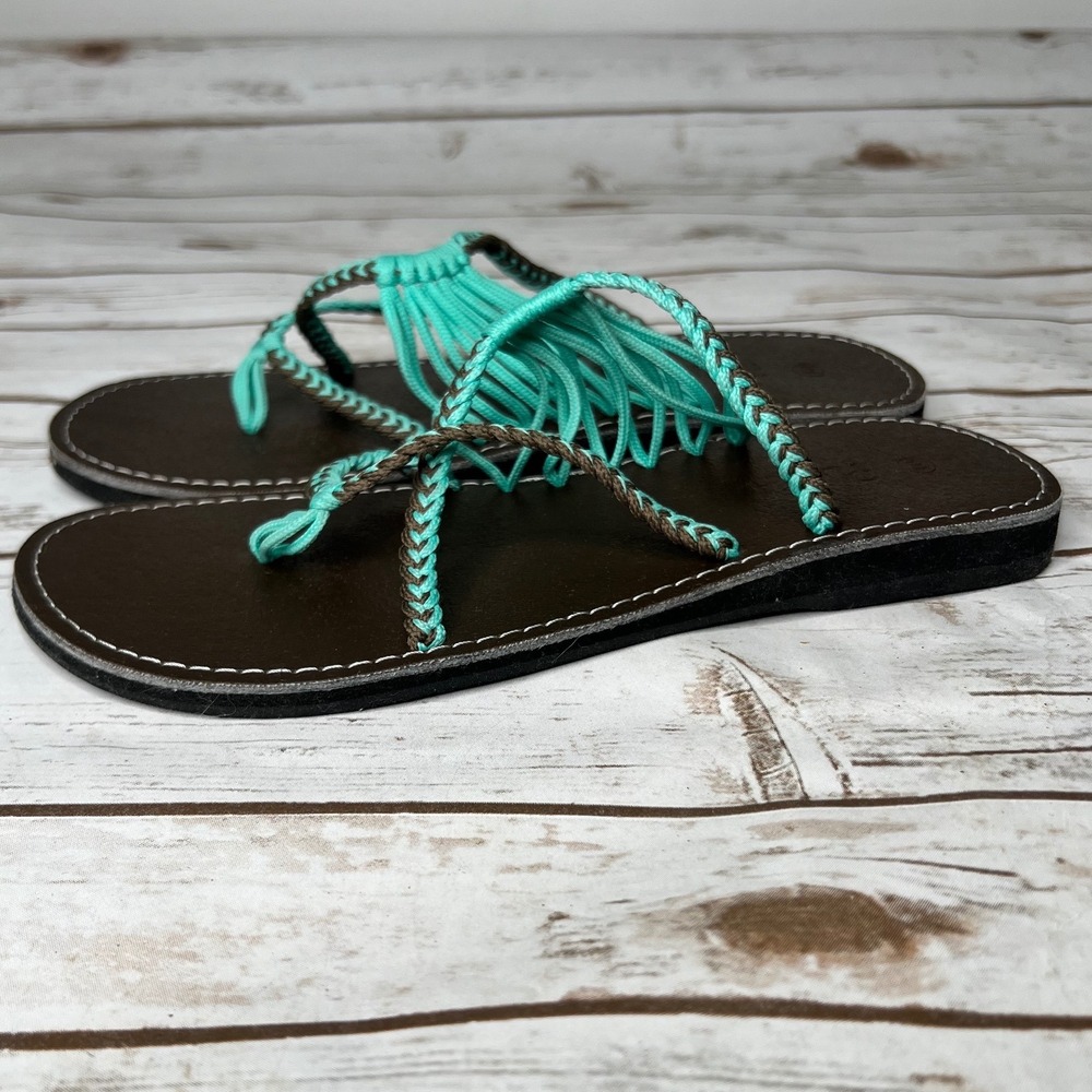 NWT Plaka Oceanside Sandals Turquoise Brown Hand Woven Braided Women Size 10